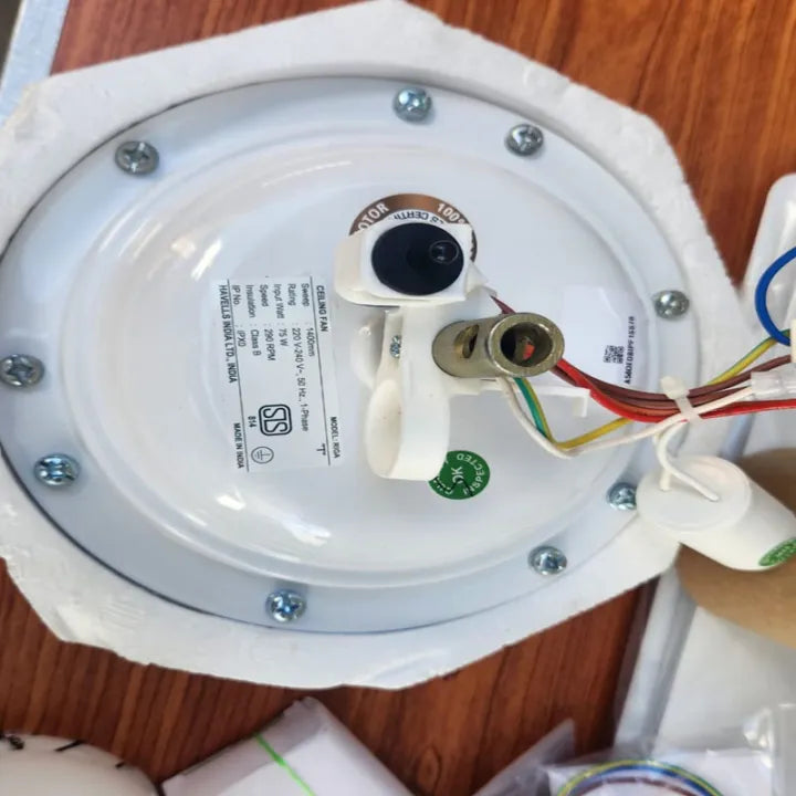 Havells Riga white ceiling fan motor base and wiring detail