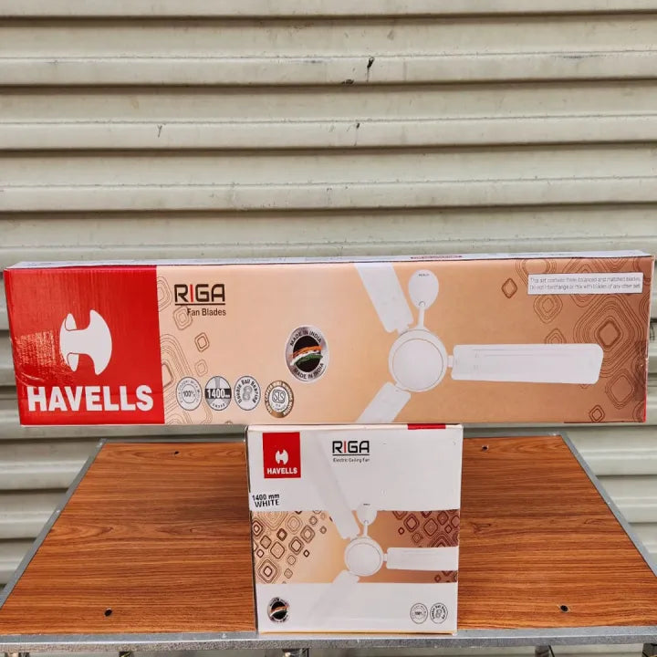 Havells Riga 1400mm white ceiling fan packaging