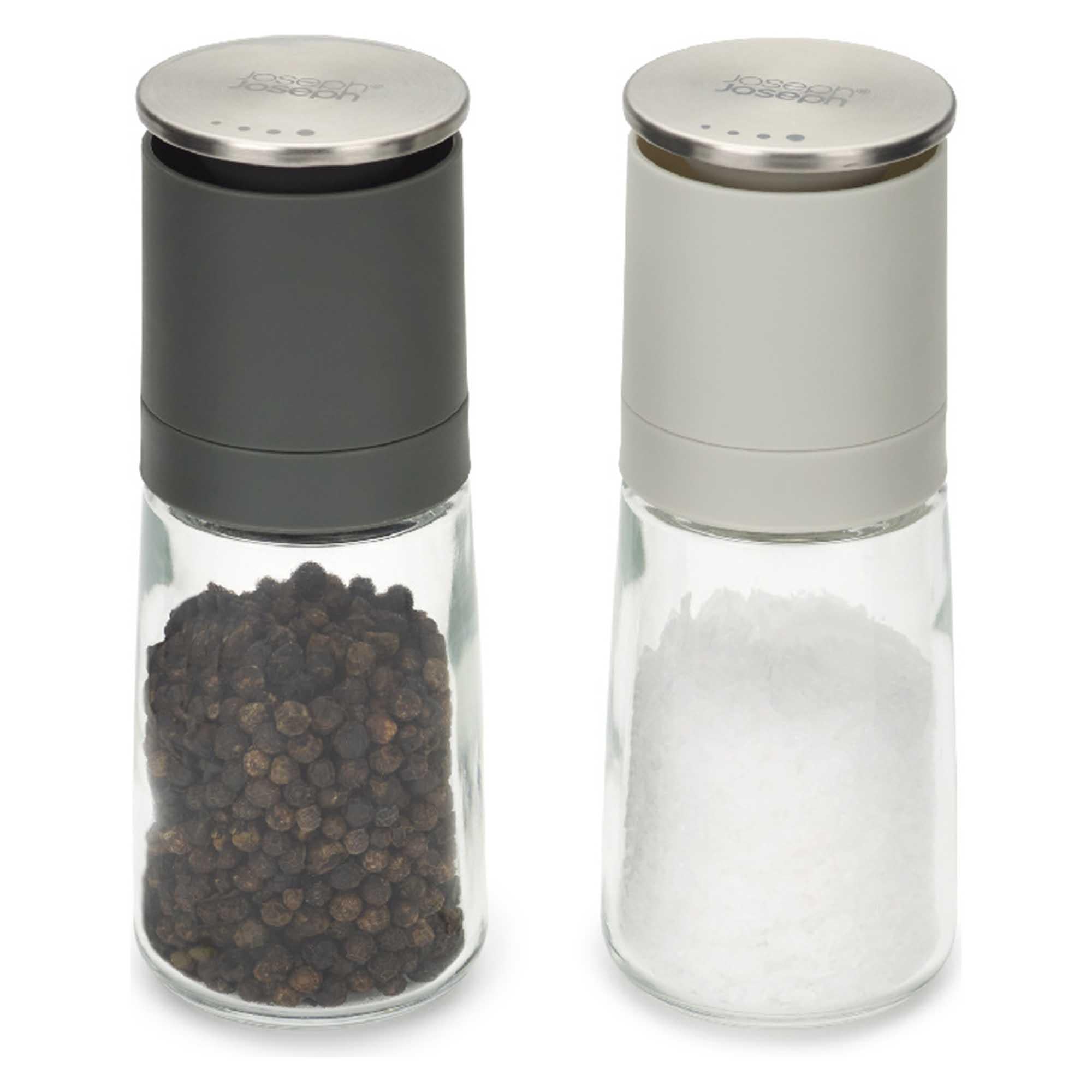 Joseph Joseph Duo No-spill mills filled with peppercorns and salt crystals
