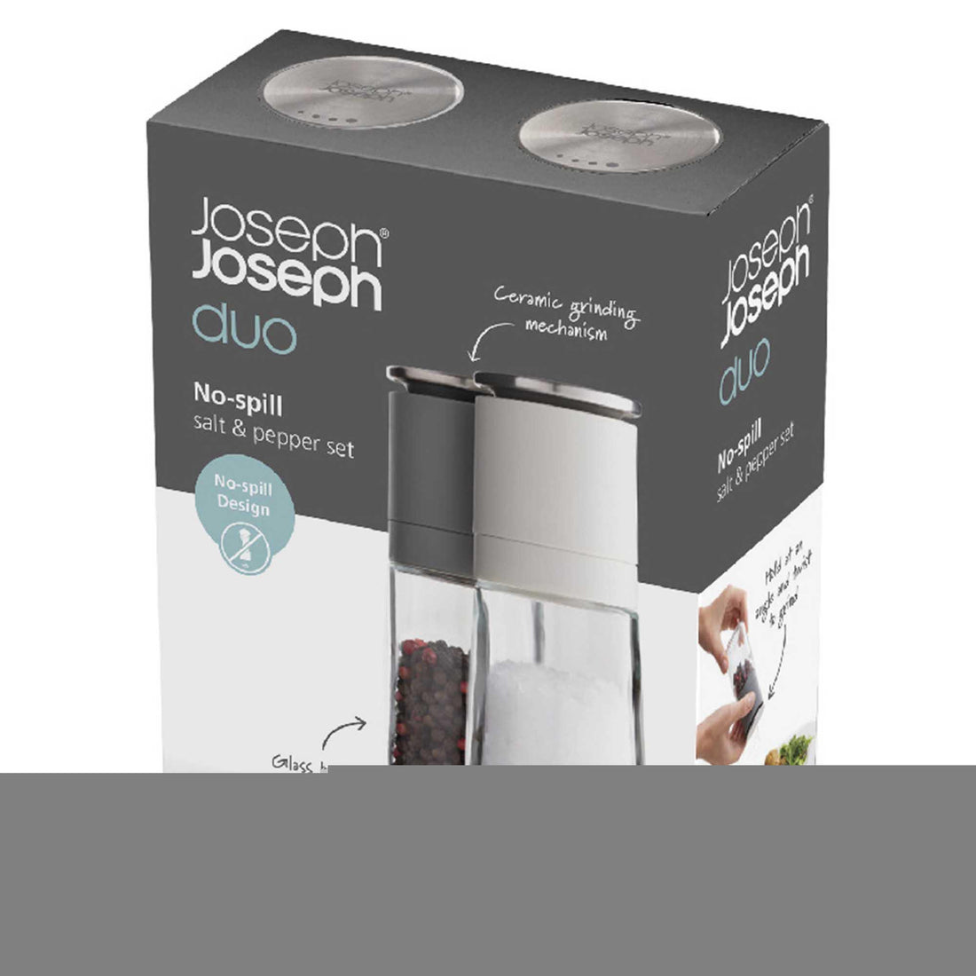 Joseph Joseph Duo No-spill Salt and Pepper Mill Set Grey 20198 retail box