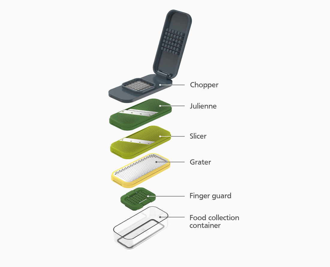 Joseph Joseph Multi-Prep Compact 4-Piece Preparation Set Multicolour 20222 — interchangeable components exploded view