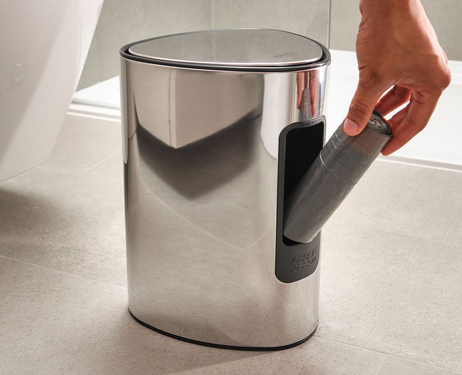 Joseph Joseph IW8 5L Eco Bin Liners 80 Pieces Grey 30148 — custom-fit liner installed in a bathroom bin