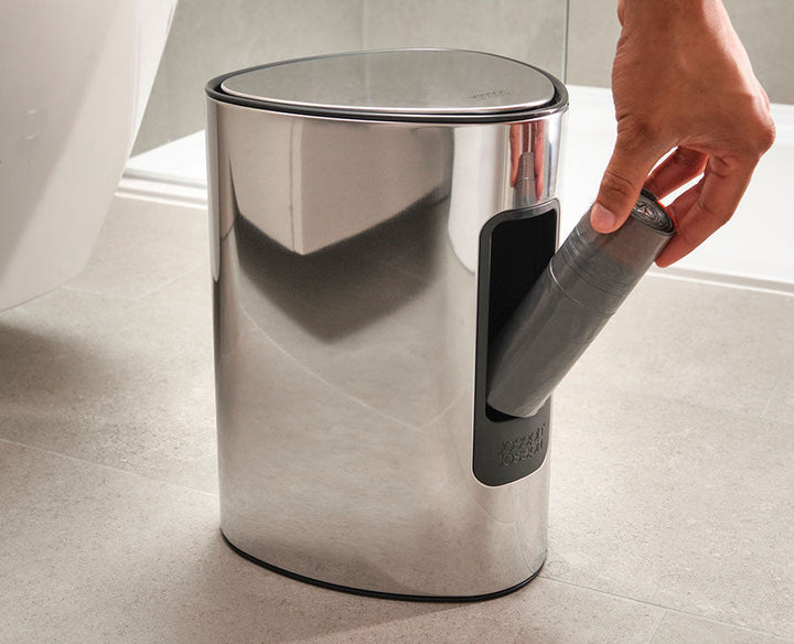 Joseph Joseph IW8 5L Eco Bin Liners 80 Pieces Grey 30148 — custom-fit liner installed in a bathroom bin