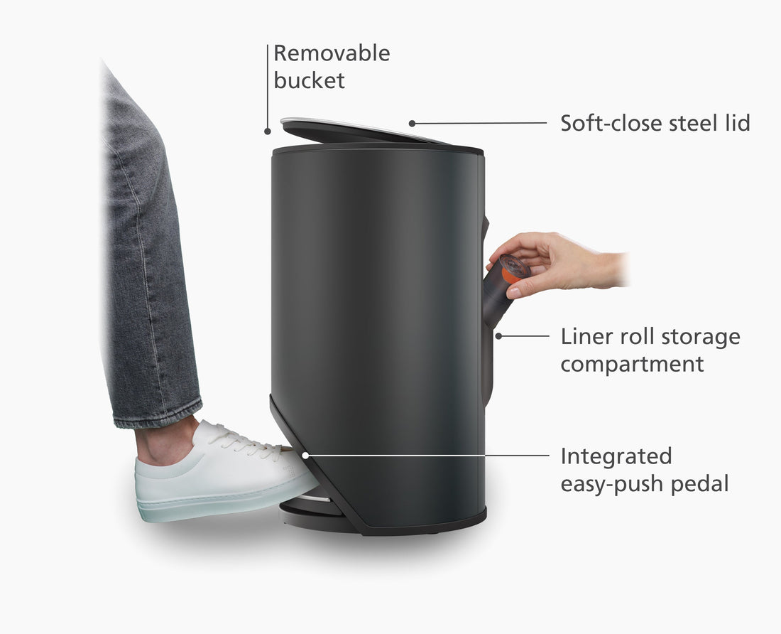 Joseph Joseph Arc 10L Steel Pedal Bin with Liner Pocket Carbon Black 30151 — soft-close lid and liner-pocket feature diagram
