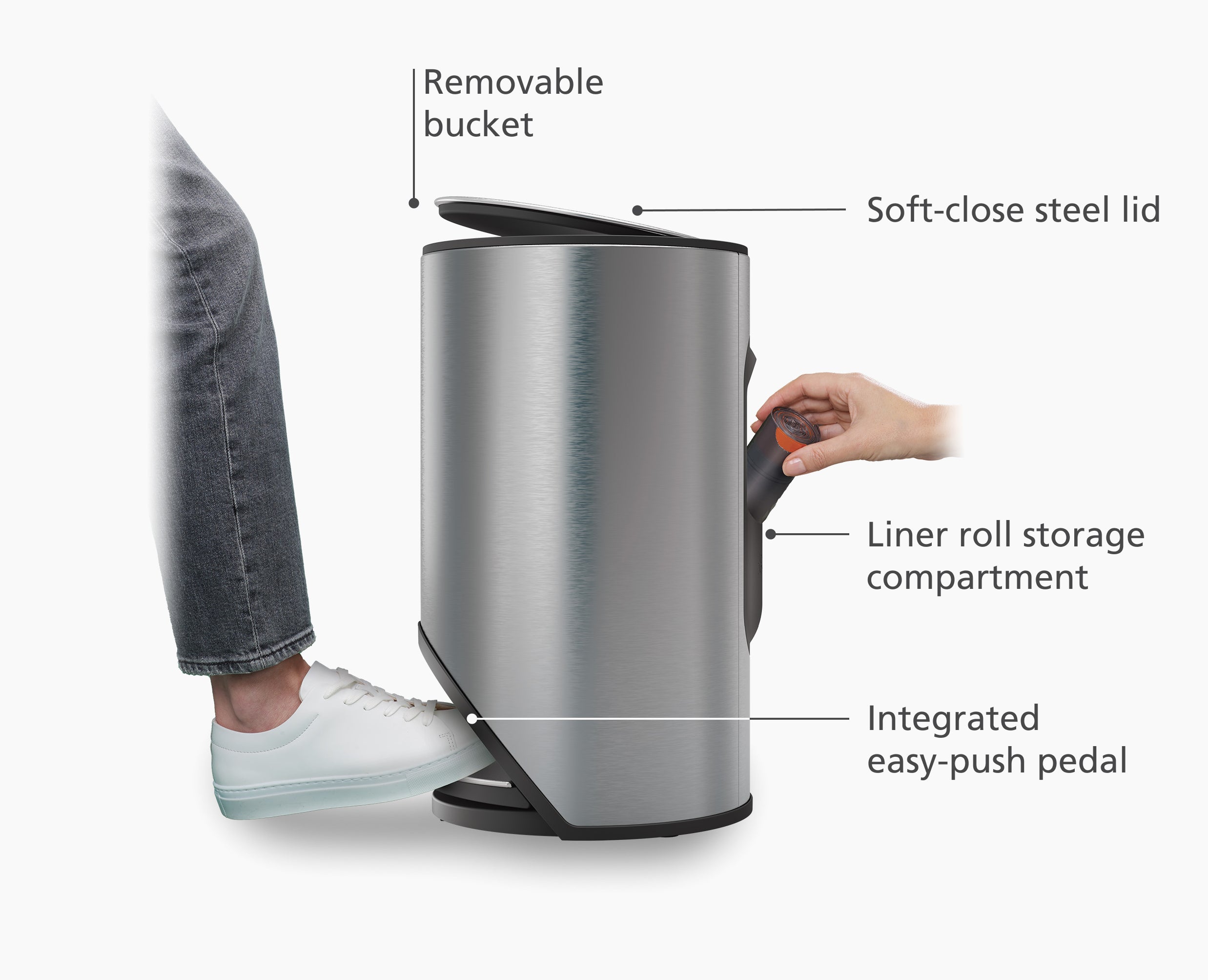 Joseph Joseph Arc 10L Steel Pedal Bin with Liner Pocket Stainless Steel 30152 — soft-close lid and liner-pocket feature diagram