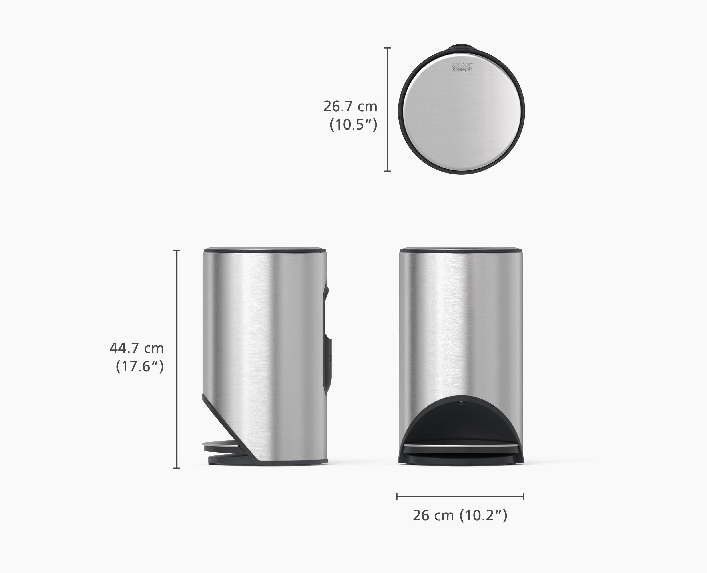 Joseph Joseph Arc 10L Steel Pedal Bin with Liner Pocket Stainless Steel 30152 — stainless-steel Arc bin dimensions and details