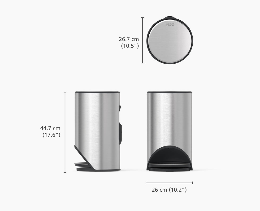 Joseph Joseph Arc 10L Steel Pedal Bin with Liner Pocket Stainless Steel 30152 — stainless-steel Arc bin dimensions and details