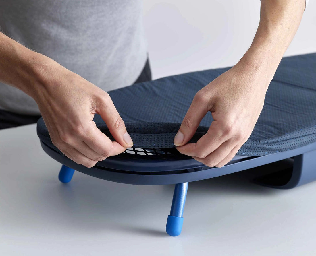 Joseph Joseph Pocket Plus Folding Tabletop Ironing Board Blue 50010 — board folding mechanism in use