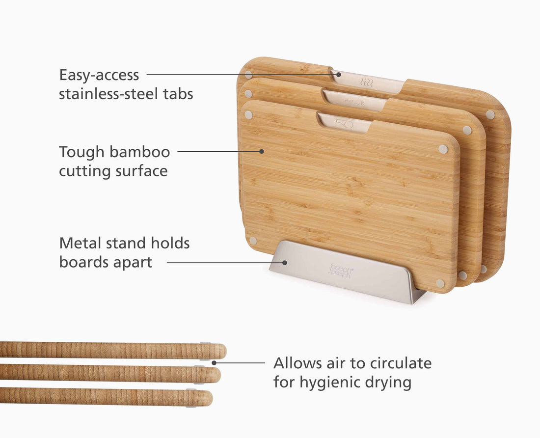 Joseph Joseph Nest Bamboo Chopping Boards Set of 3 with Stand 60236 — board sizes and easy-lift tabs diagram