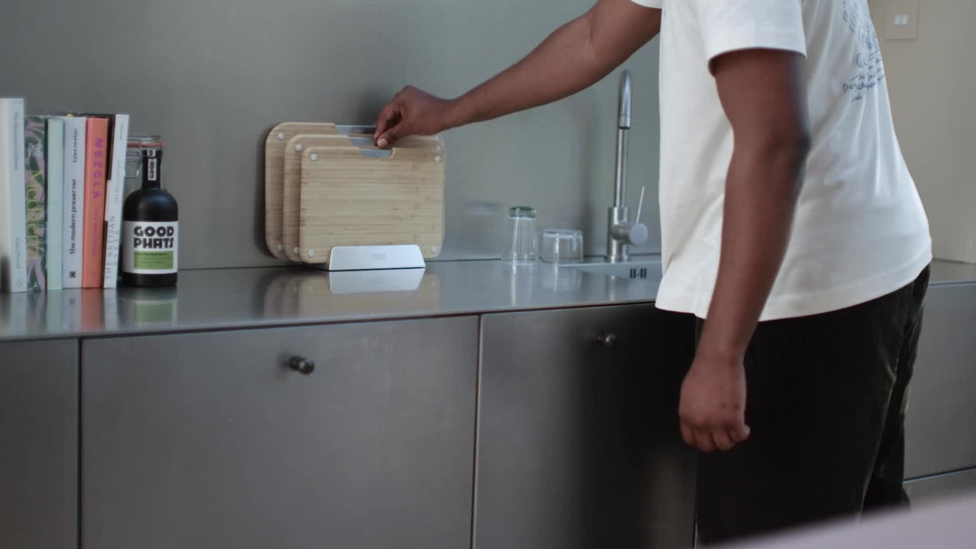 Joseph Joseph Nest Bamboo Chopping Boards Set of 3 with Stand 60236 — official video preview showing the bamboo board set on a kitchen worktop