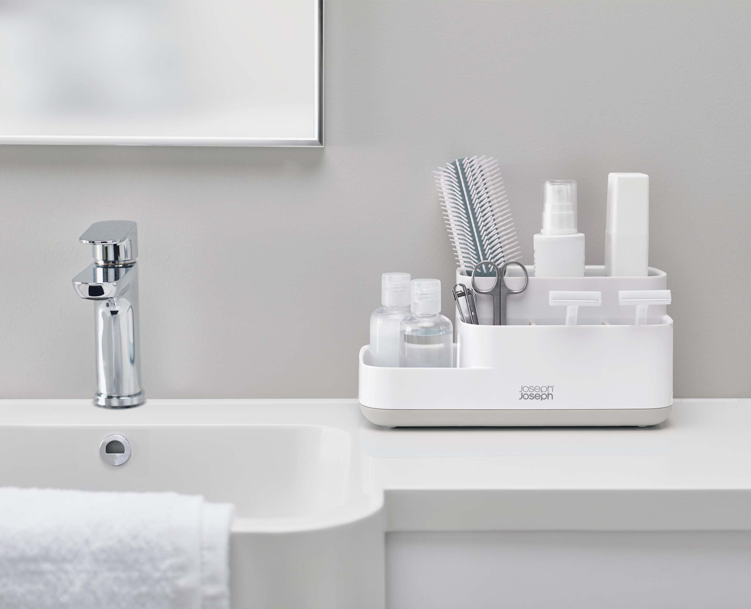 Joseph Joseph EasyStore Bathroom Caddy Grey and White 70513 — compartment layout with grooming products