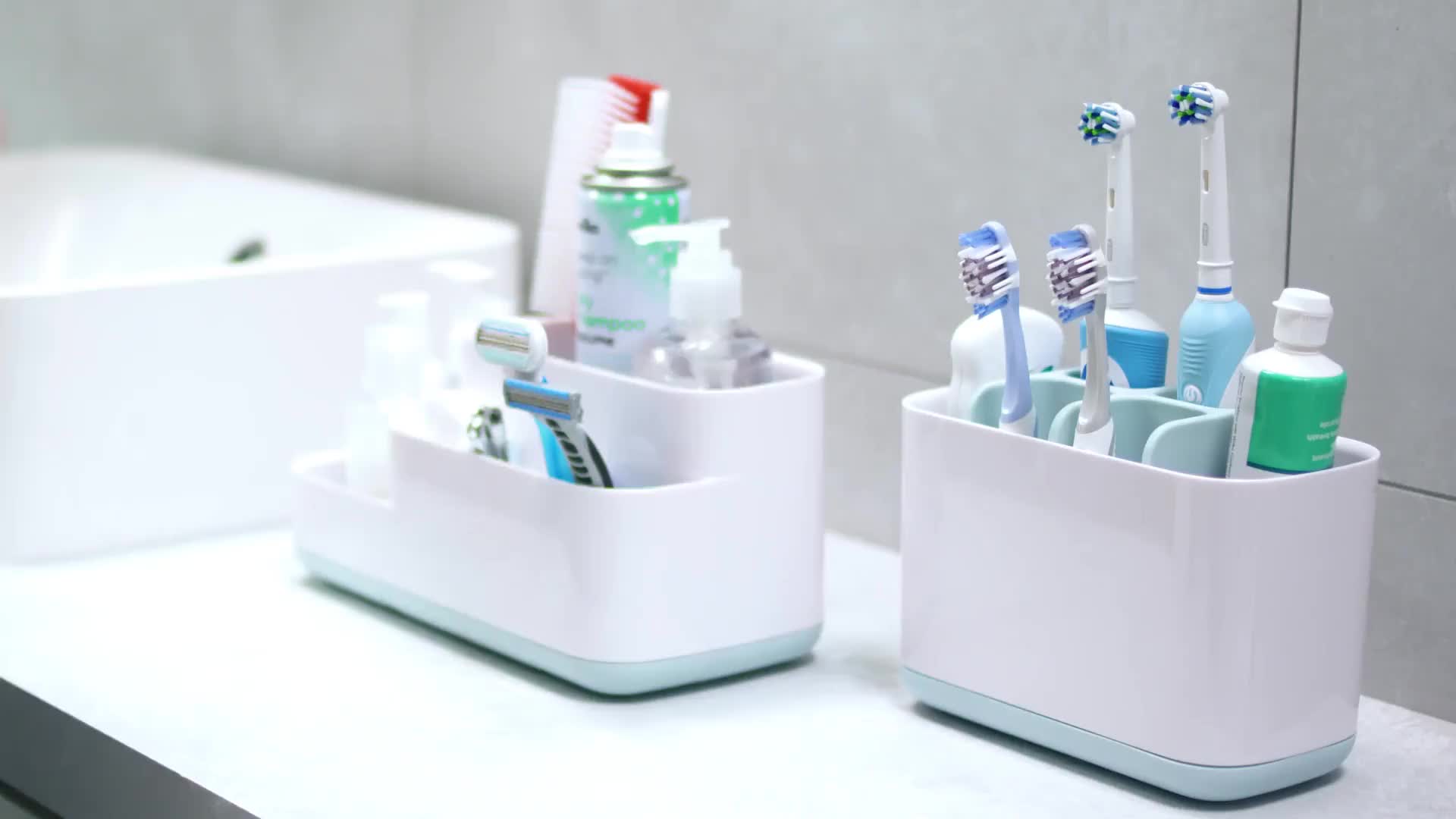 Joseph Joseph EasyStore Bathroom Caddy Grey and White 70513 — official video preview showing EasyStore bathroom caddies organising toiletries