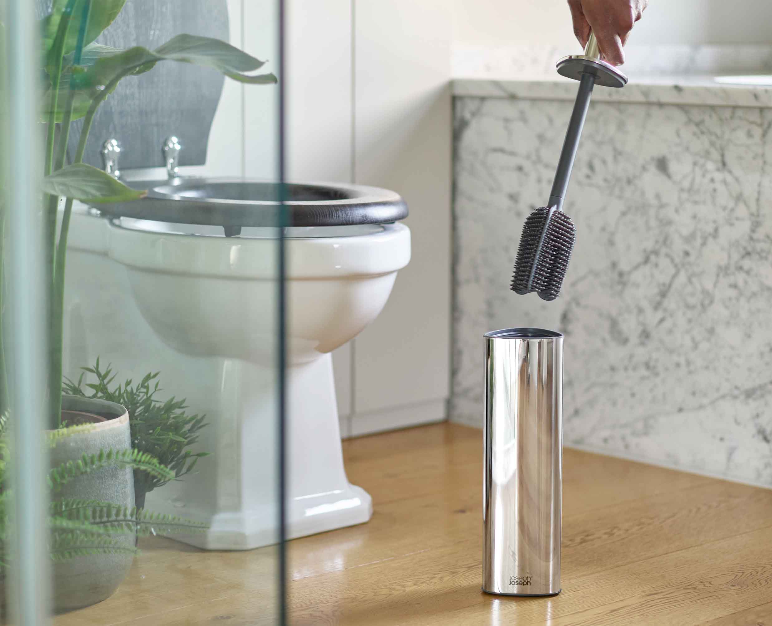 Joseph Joseph Flex 360 Luxe Advanced Toilet Brush Stainless Steel 70583 — brush lifting from enclosed holder