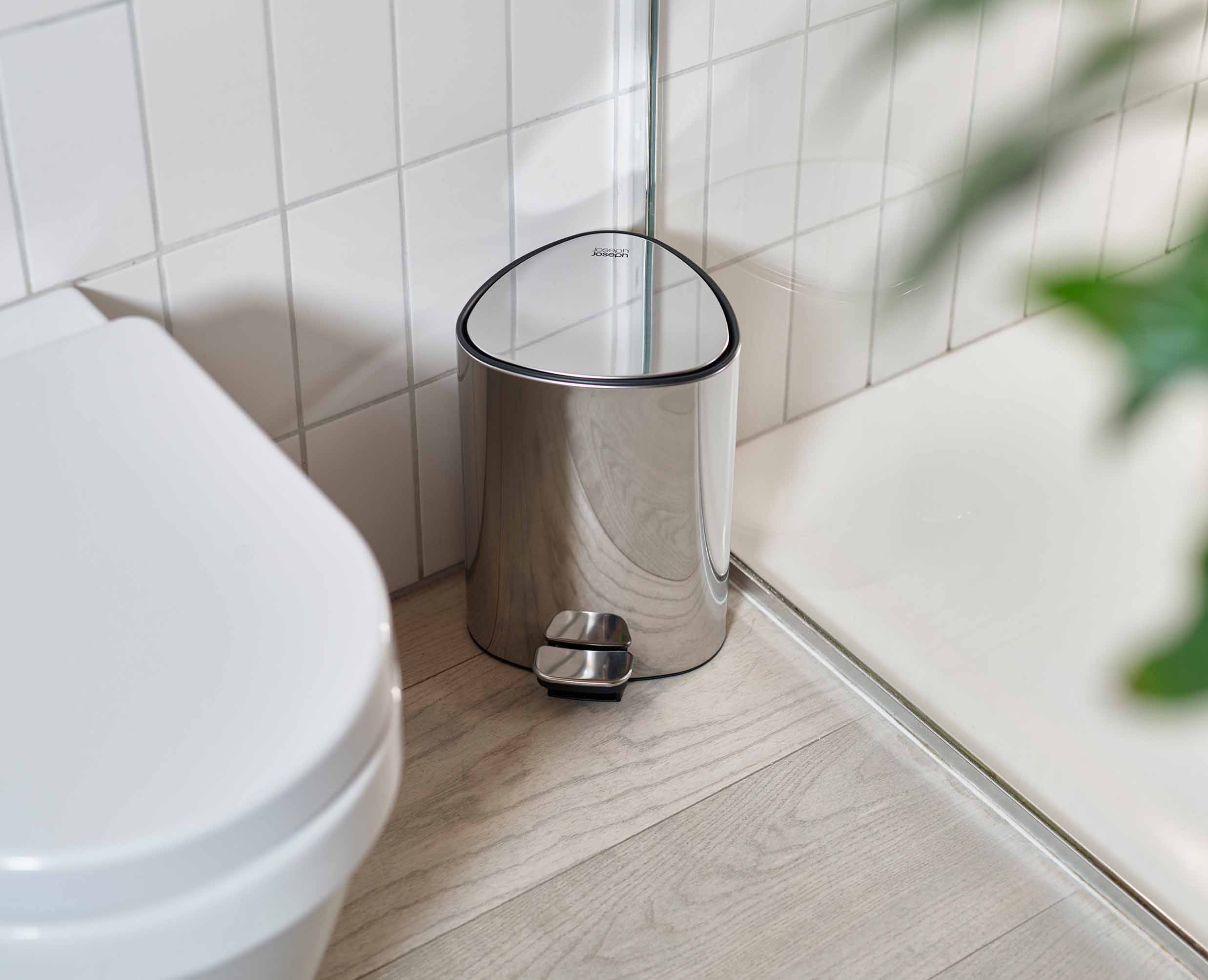 Joseph Joseph EasyStore Luxe 5L Pedal Bin with Liner Storage Stainless Steel 70596 — easy-push pedal in use