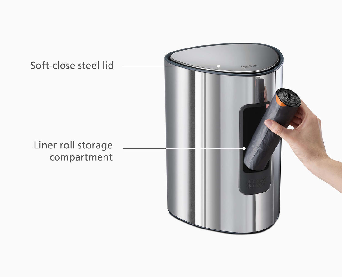 Joseph Joseph EasyStore Luxe 5L Pedal Bin with Liner Storage Stainless Steel 70596 — bin dimensions and feature diagram