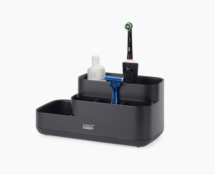 Joseph Joseph EasyStore Bathroom Caddy Matt Black 70600 — matt-black bathroom caddy holding toiletries