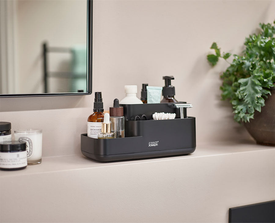 Joseph Joseph EasyStore Bathroom Caddy Matt Black 70600 — bathroom caddy lifestyle view
