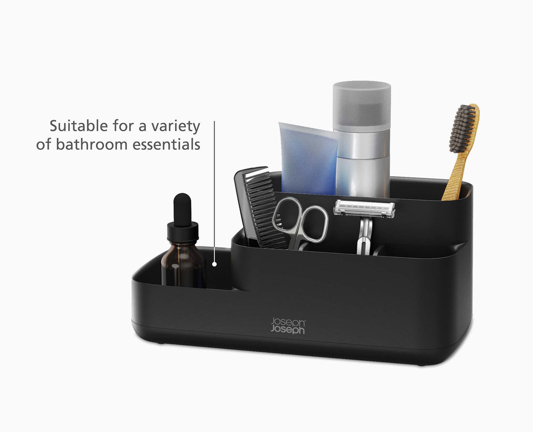 Joseph Joseph EasyStore Bathroom Caddy Matt Black 70600 — storage features and non-slip base diagram