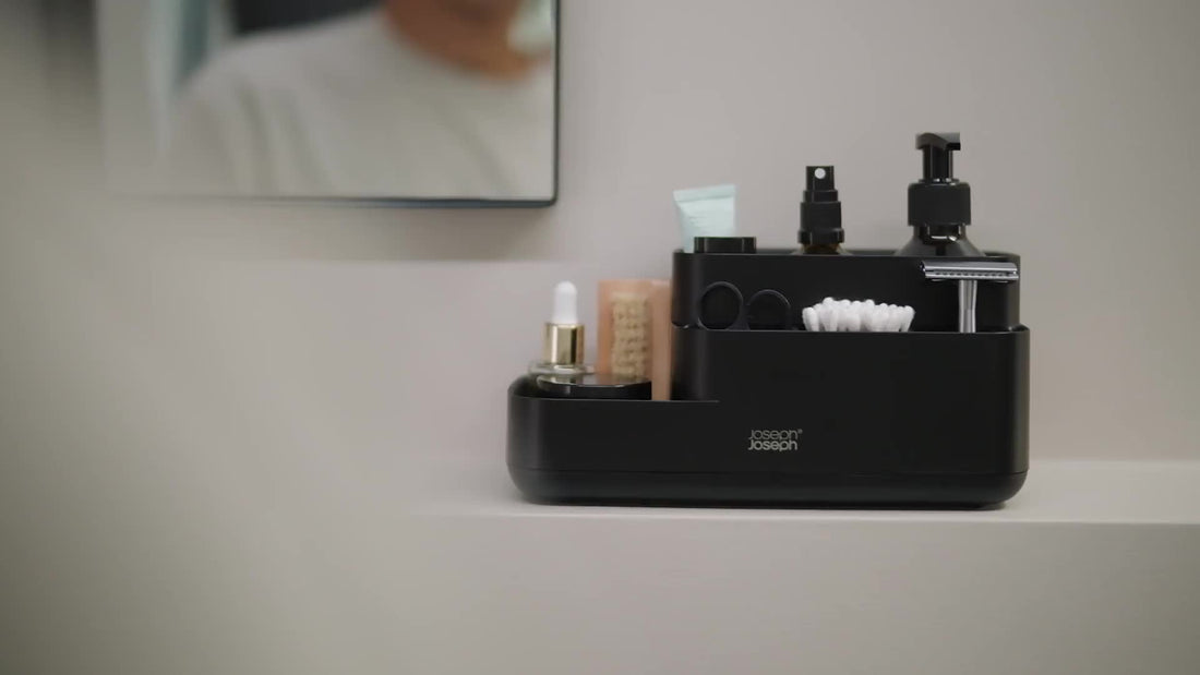 Joseph Joseph EasyStore Bathroom Caddy Matt Black 70600 — official video preview showing the matt-black caddy holding bathroom essentials