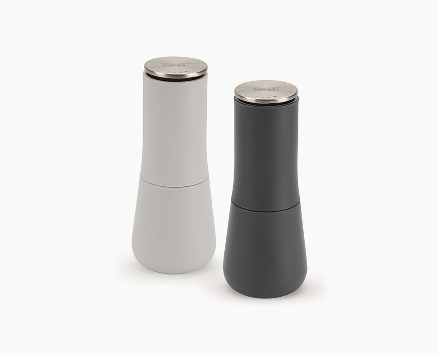 Joseph Joseph Milltop Non-Spill Salt and Pepper Mill Set Grey 95036 — grey salt and pepper mill pair