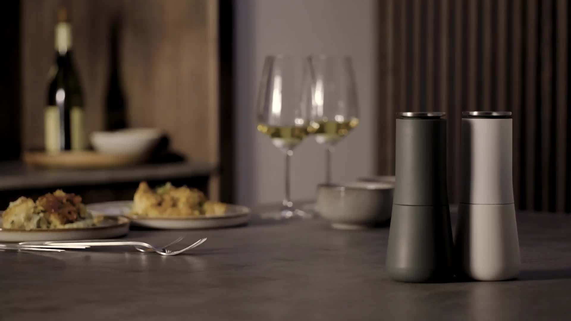 Joseph Joseph Milltop Non-Spill Salt and Pepper Mill Set Grey 95036 — official video preview showing the grey salt and pepper mills on a dining table