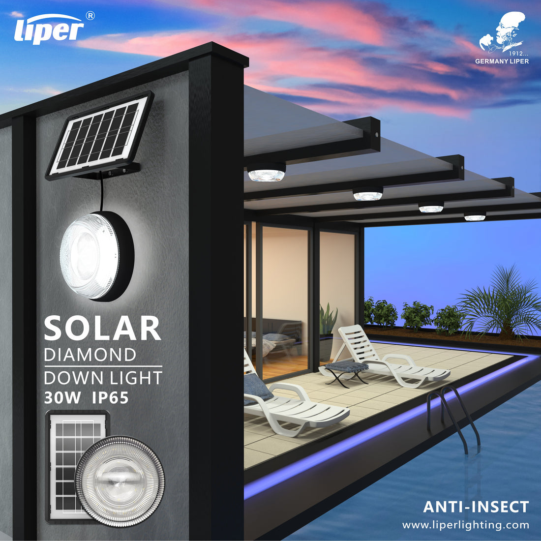 Liper 30W solar diamond downlight installed outdoors with solar panel