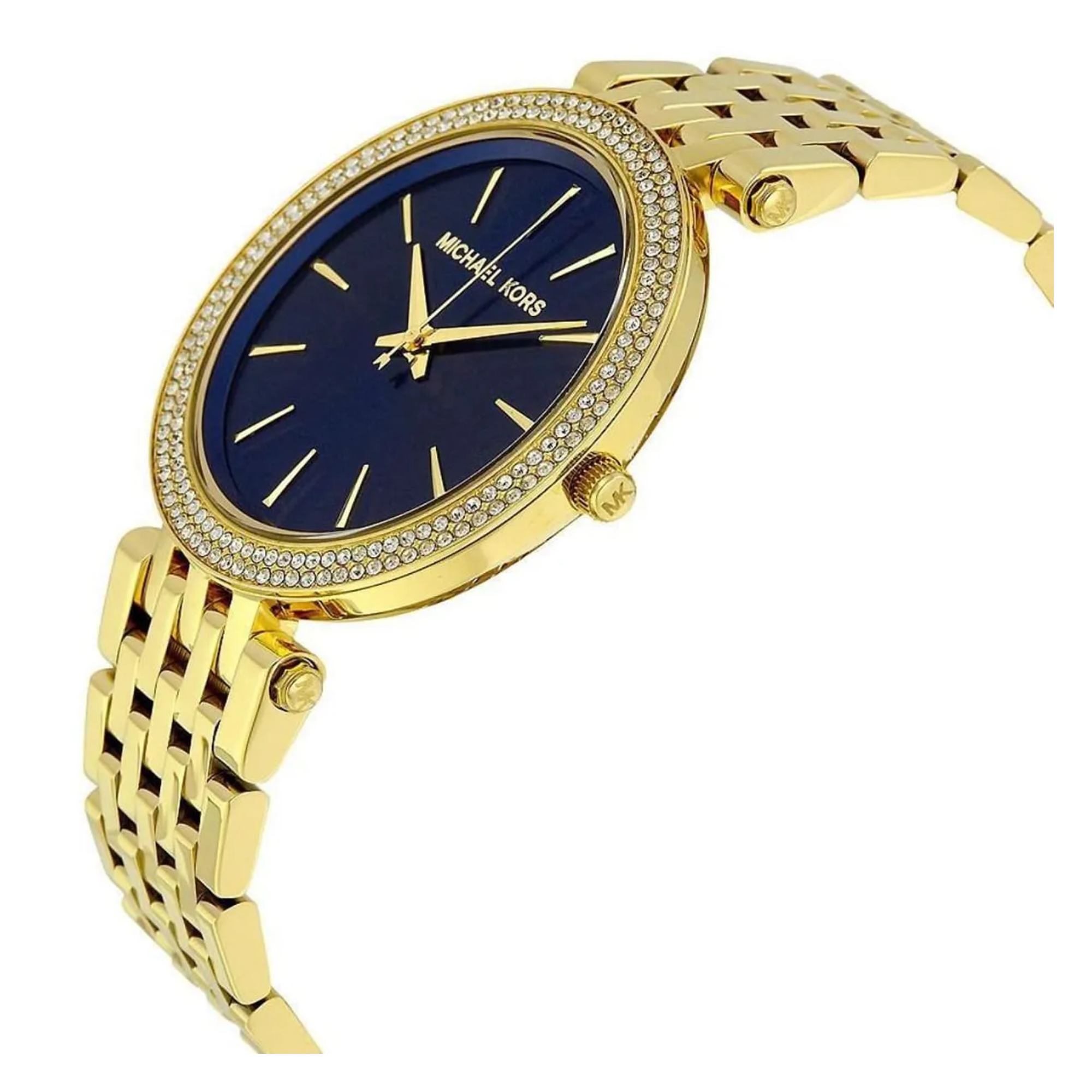 Michael Kors Darci MK3406 gold-tone pavé watch angled view with blue dial