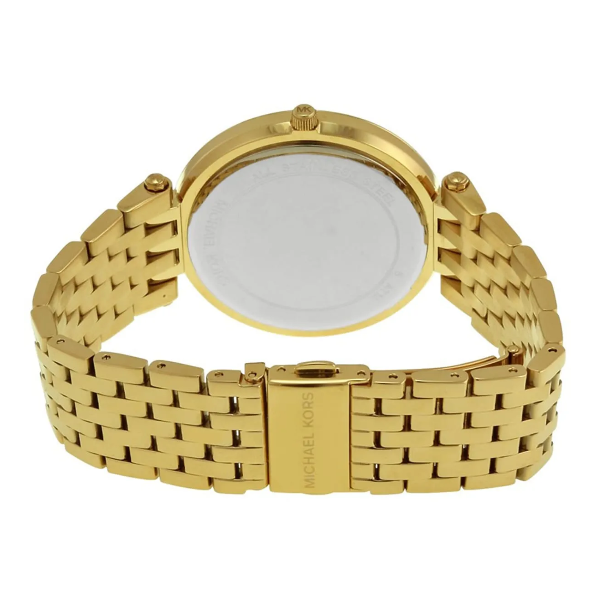 Michael Kors Darci MK3406 gold-tone bracelet open clasp and caseback view