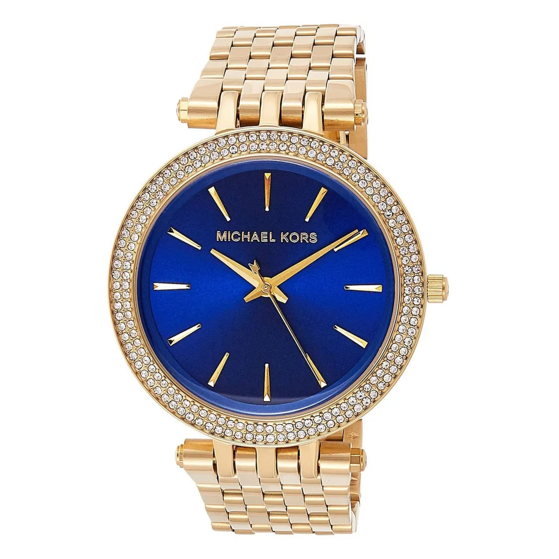 Michael Kors Darci MK3406 deep blue dial crystal bezel close front view