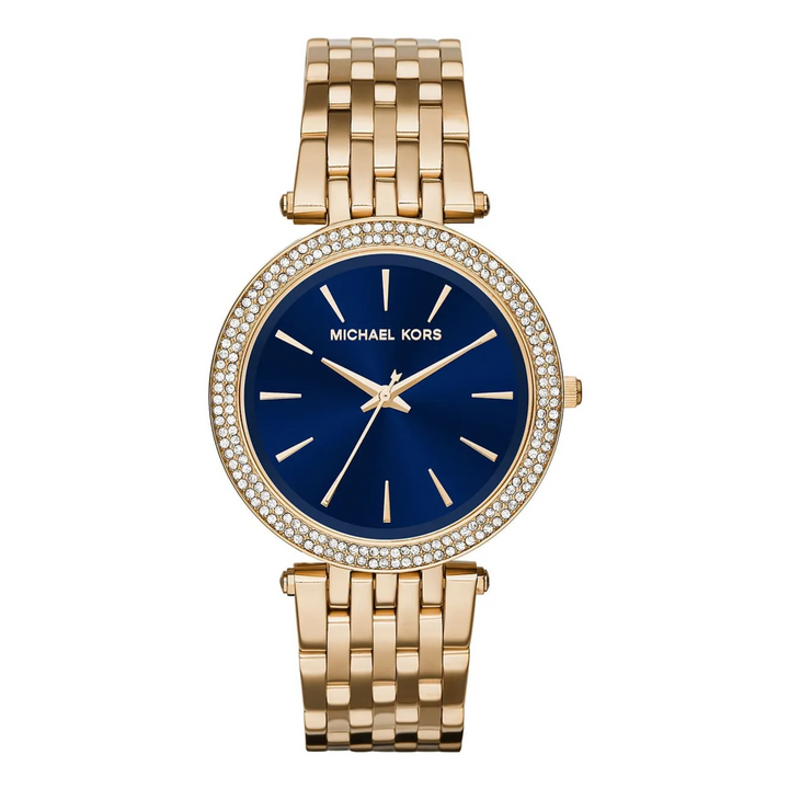 Michael Kors Darci MK3406 women's gold-tone watch blue dial front view