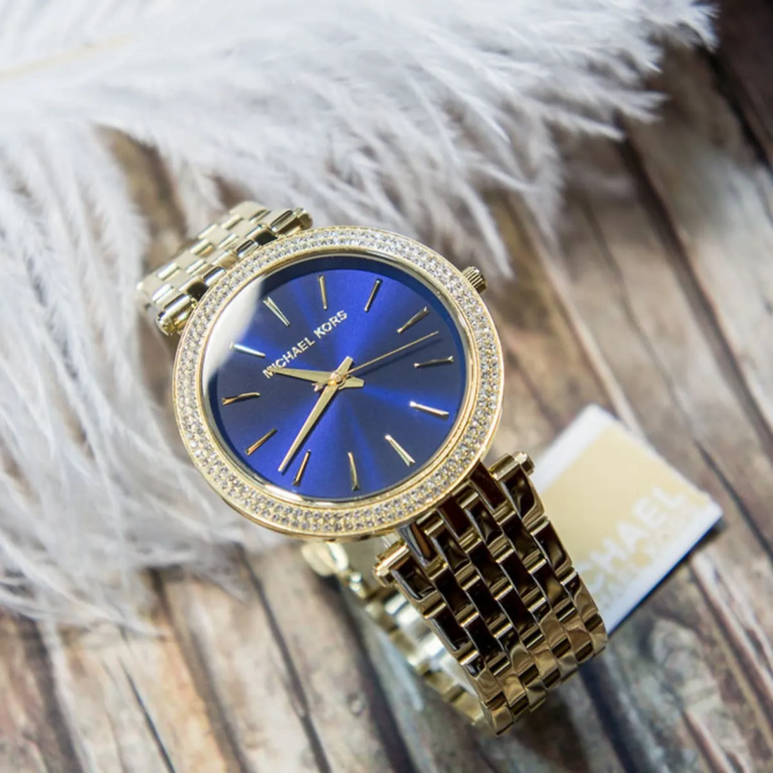 Michael Kors Darci MK3406 blue dial and crystal bezel lifestyle detail