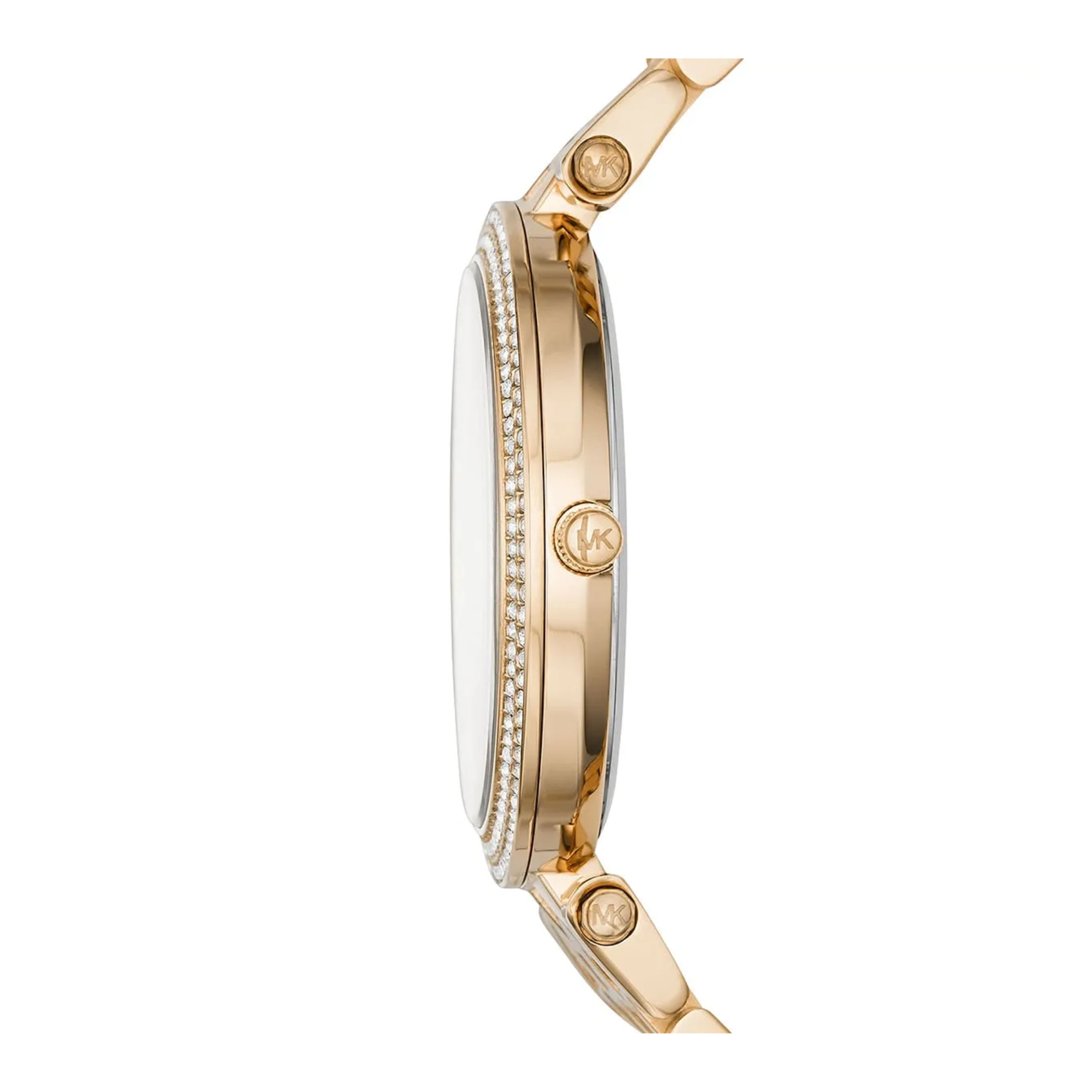 Michael Kors Darci MK3406 gold-tone case side profile and MK crown