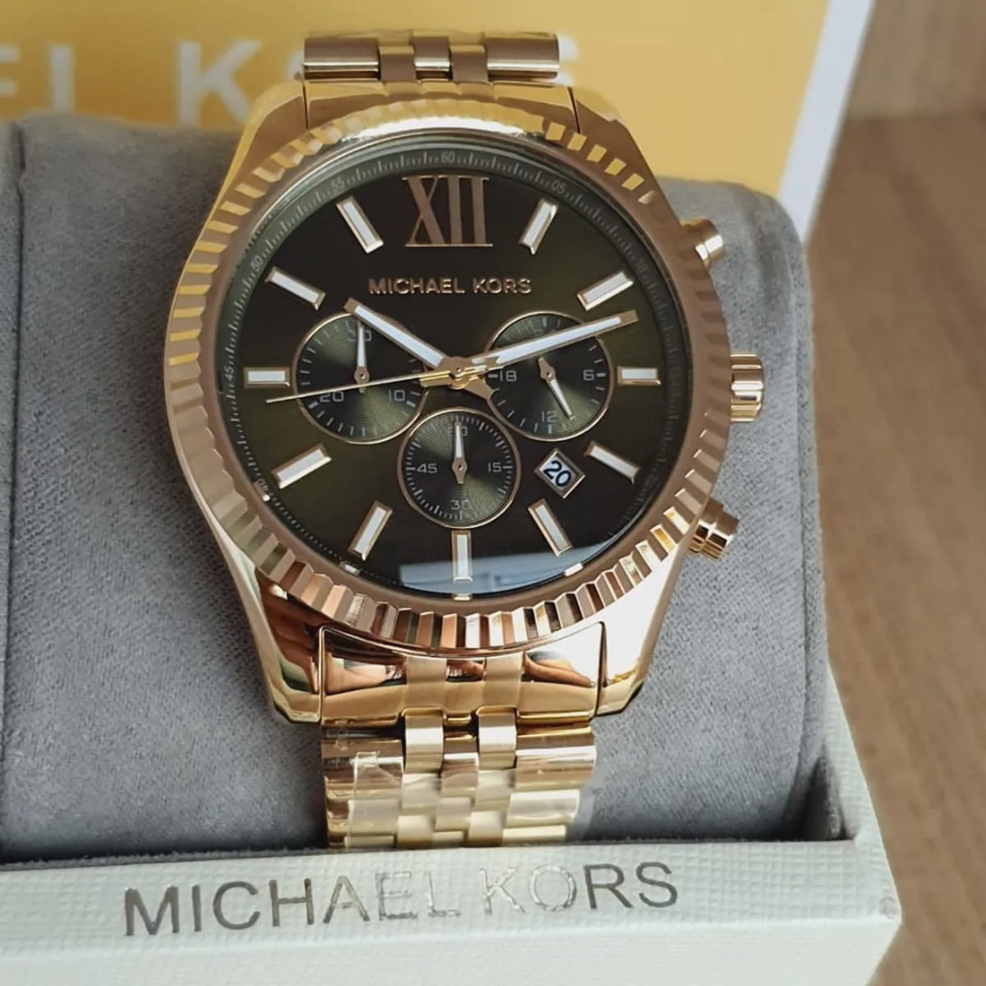 Michael Kors Lexington MK8446 gold-tone chronograph watch displayed in Michael Kors box