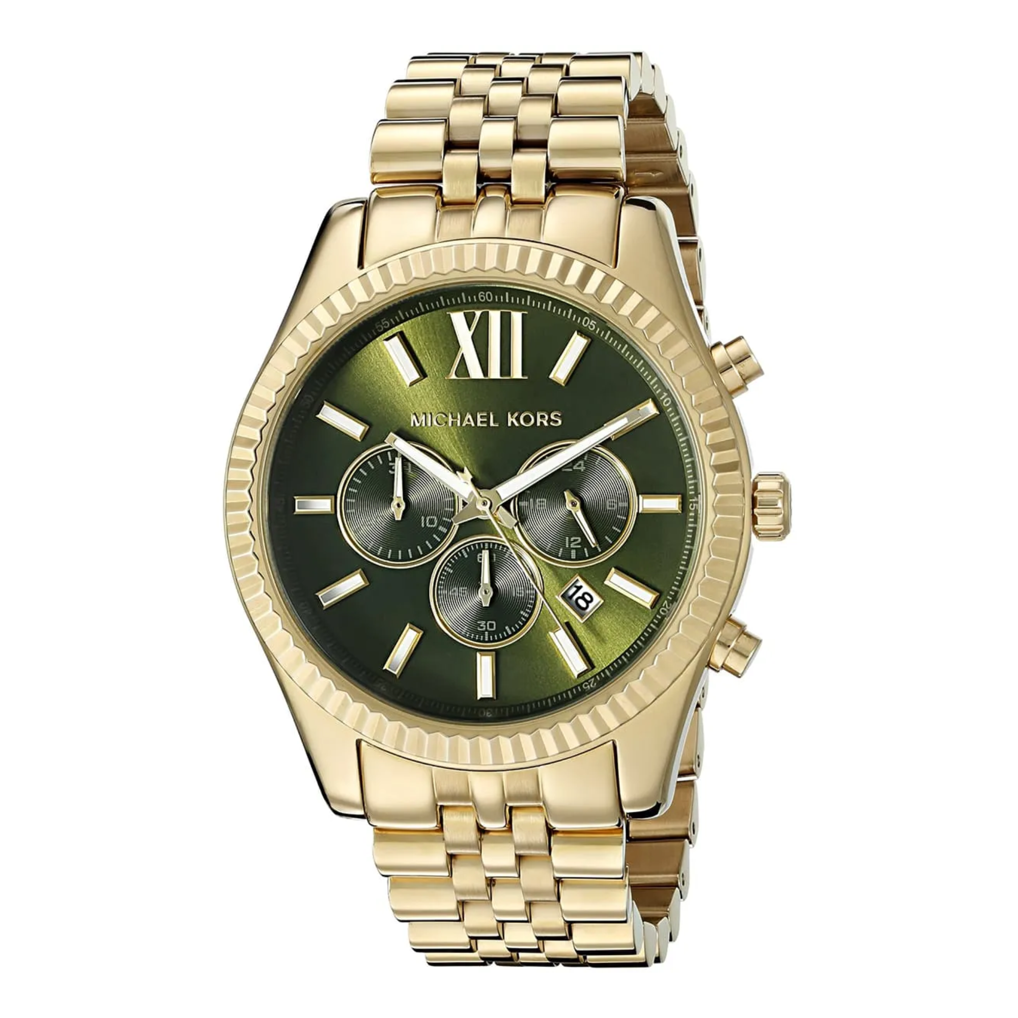 Michael Kors Lexington MK8446 men's gold-tone chronograph watch green dial front view
