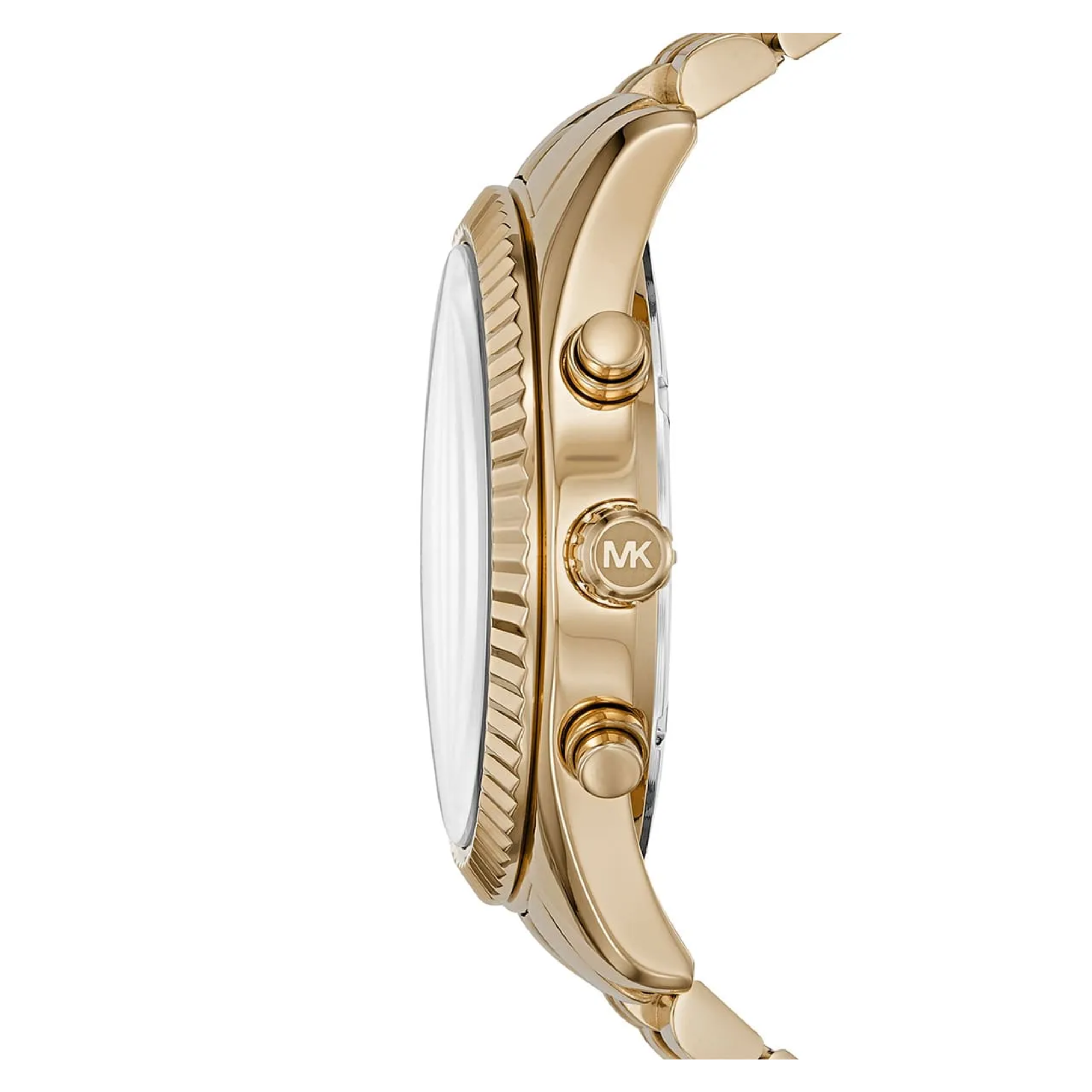 Michael Kors Lexington MK8446 gold-tone case side profile with crown and chronograph pushers