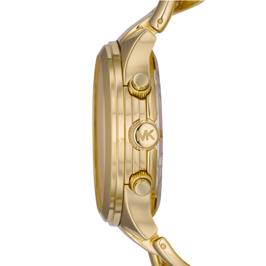 Michael Kors MK3131 gold-tone watch side profile showing MK crown and chronograph pushers