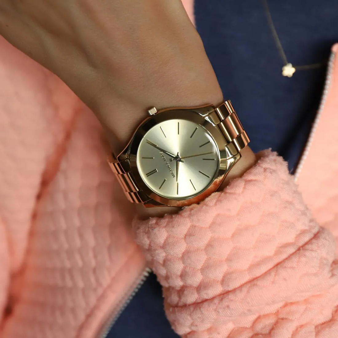 Michael Kors Slim Runway MK3179 wrist view with pink sleeve