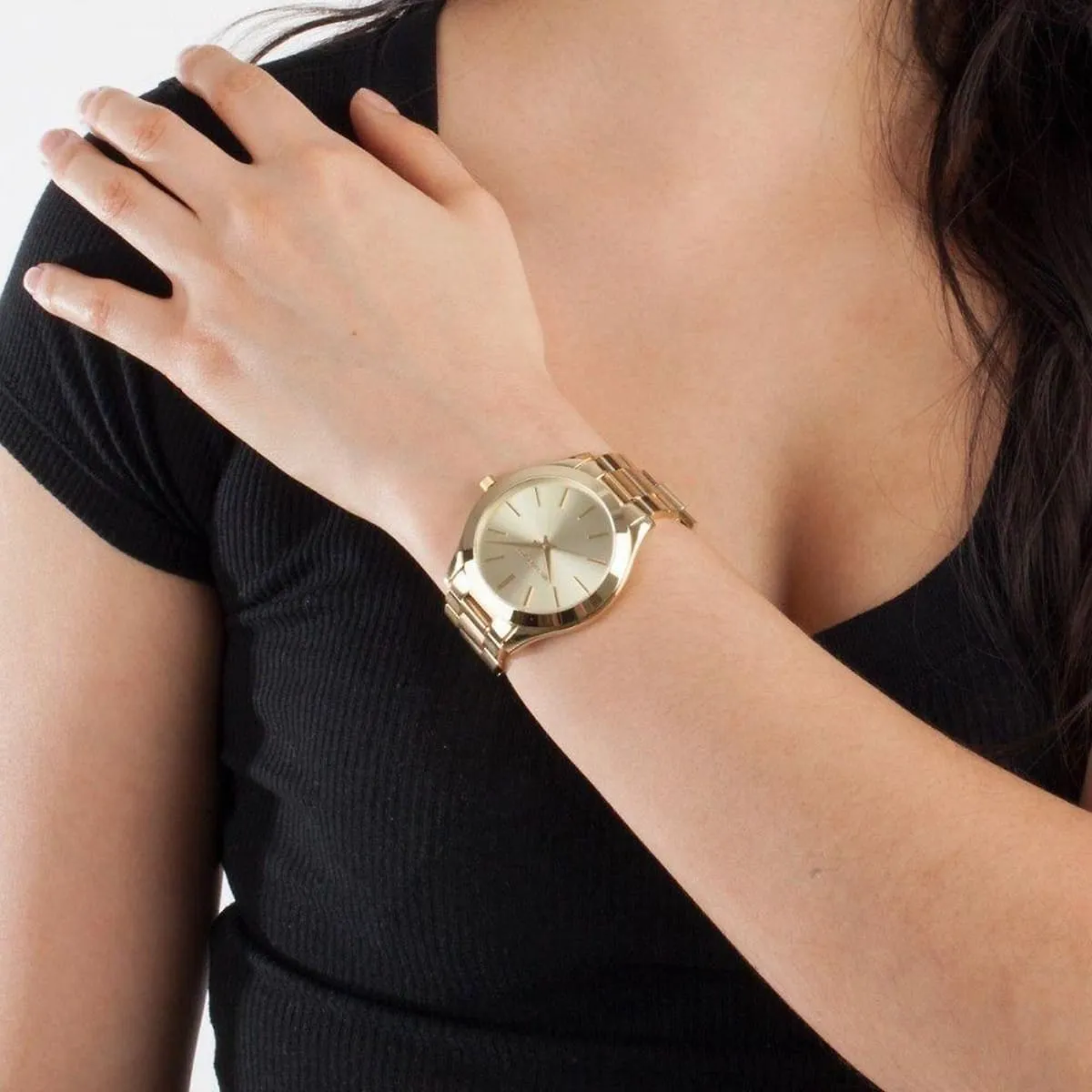 Michael Kors MK3179 gold-tone watch lifestyle close-up