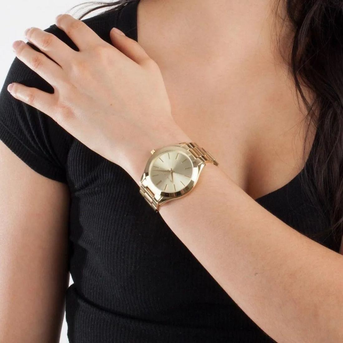 Michael Kors MK3179 gold-tone watch lifestyle close-up