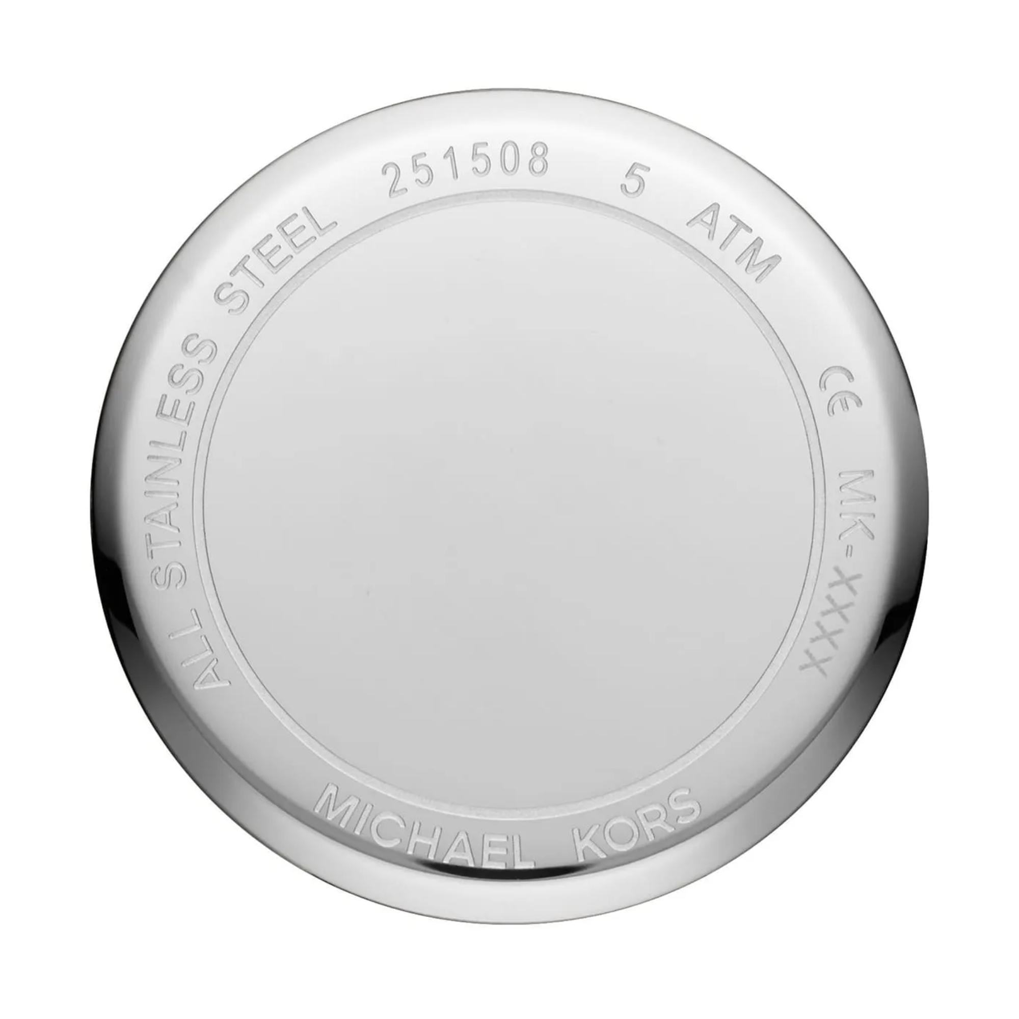 Michael Kors MK3179 stainless steel caseback showing 5 ATM marking
