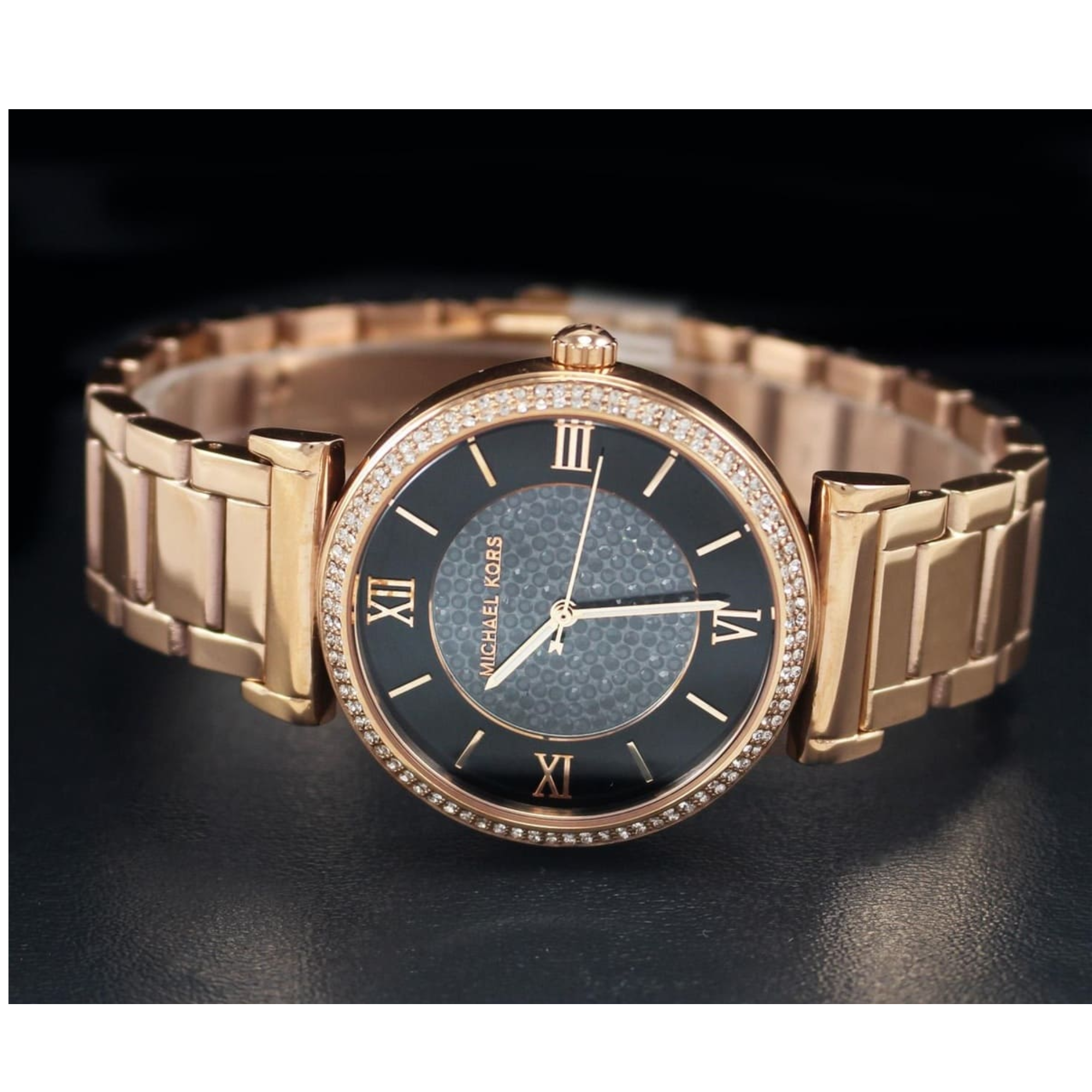 Michael Kors MK3356 rose gold-tone crystal bezel watch with black dial detail