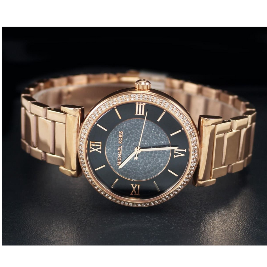 Michael Kors MK3356 rose gold-tone crystal bezel watch with black dial detail