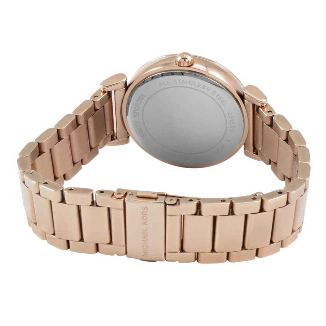 Michael Kors MK3356 stainless steel caseback and open rose gold-tone clasp detail
