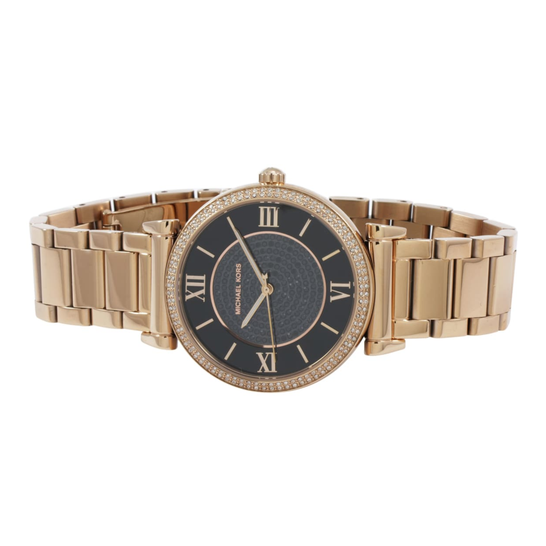 Michael Kors MK3356 rose gold-tone bracelet and black pavé dial front view