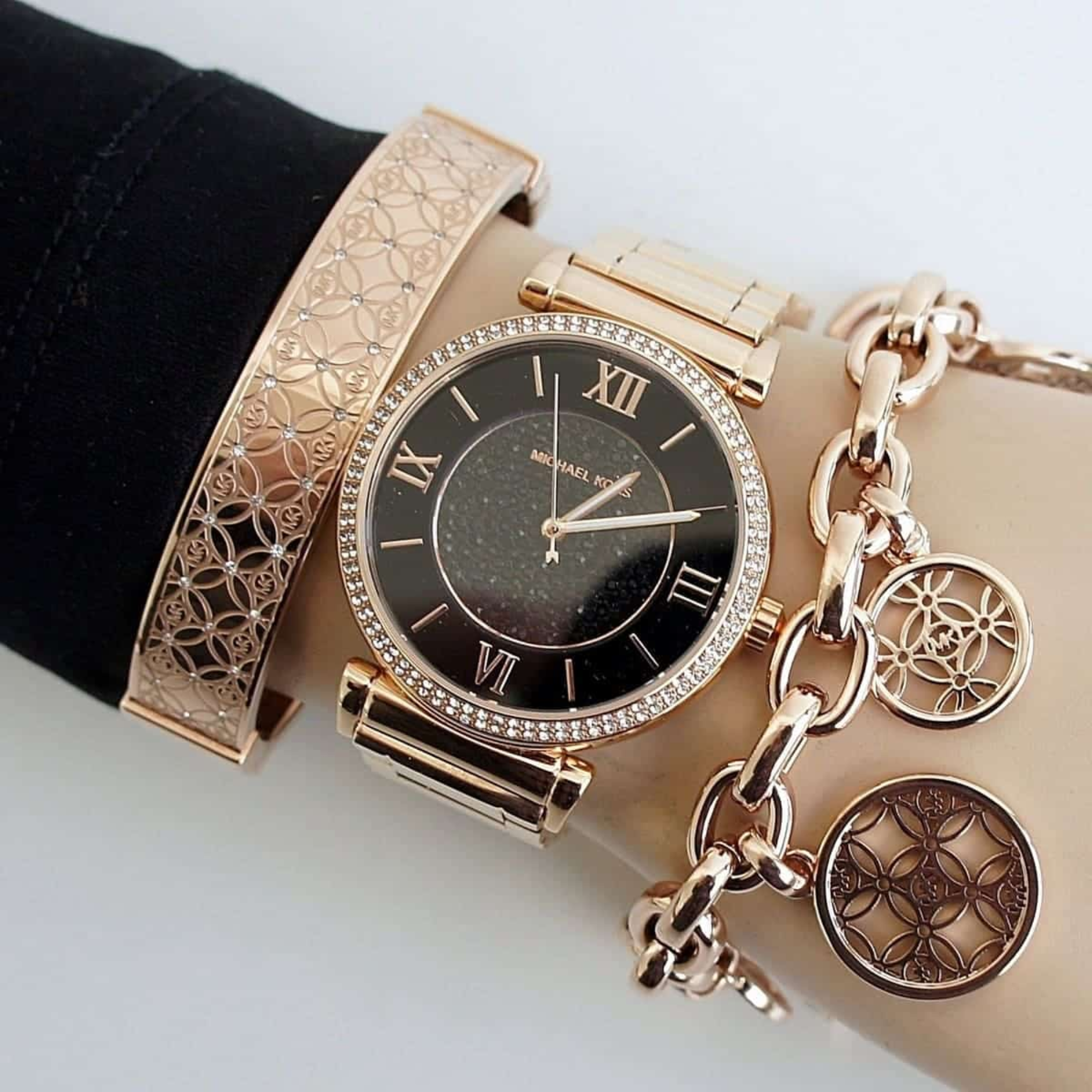 Michael Kors MK3356 rose gold-tone pavé watch styled with jewellery