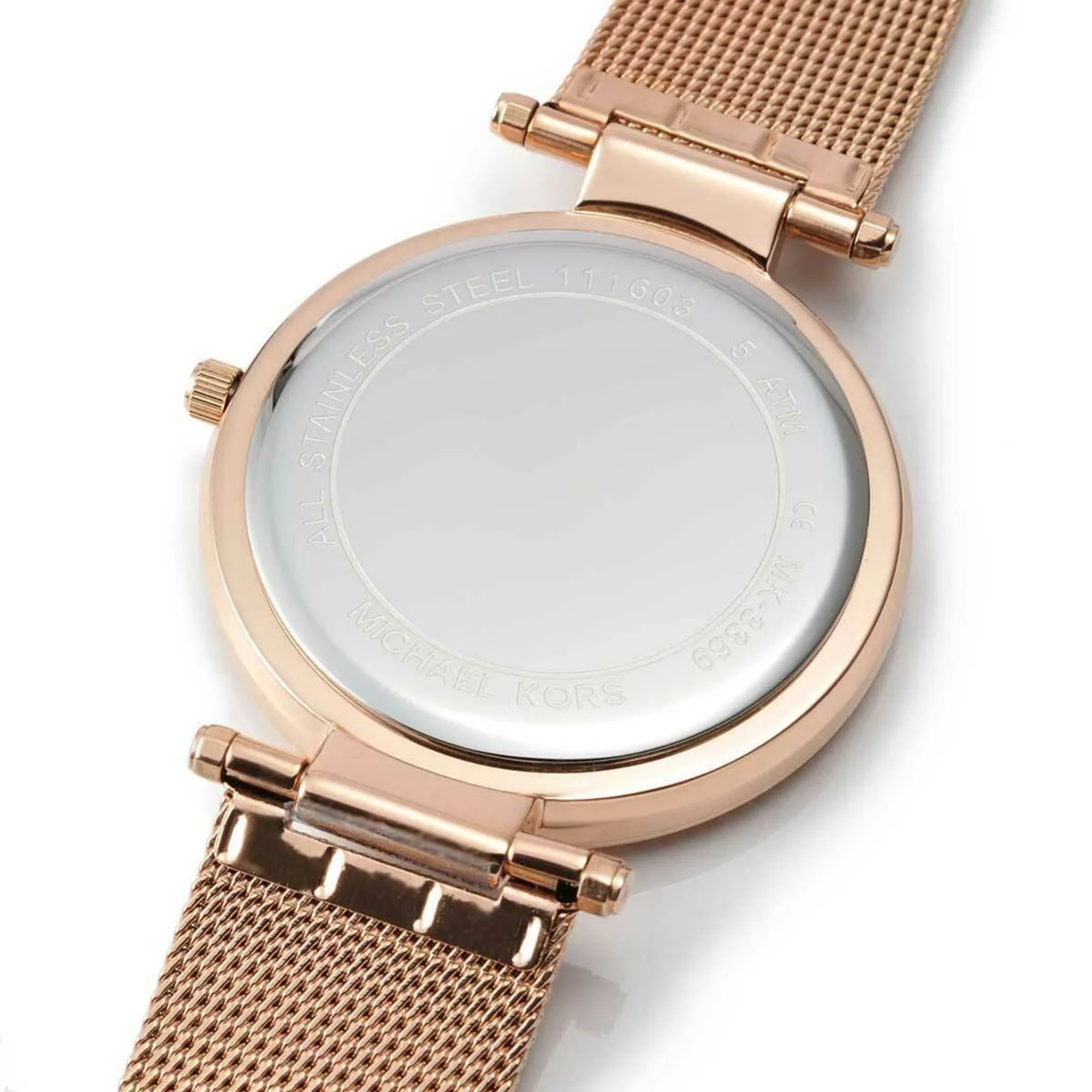 Michael Kors MK3369 caseback engraving and rose gold-tone mesh strap detail