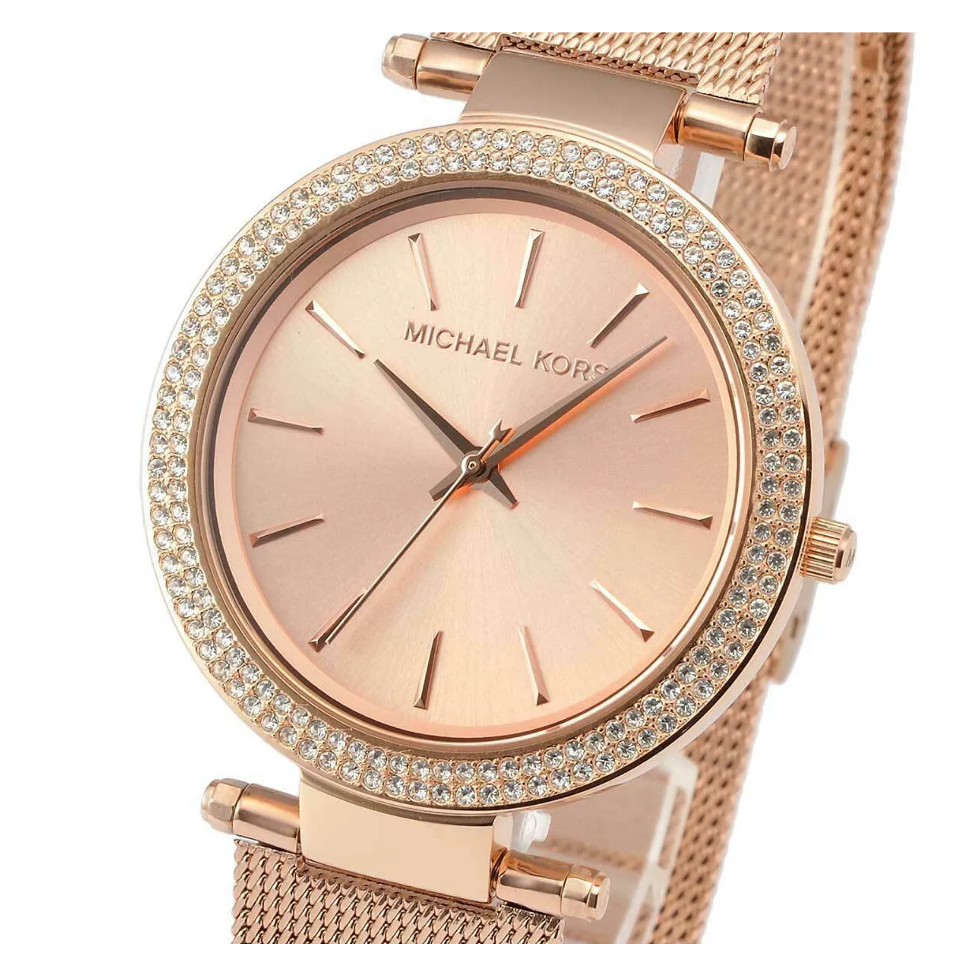 Michael Kors Darci MK3369 rose gold-tone dial and crystal bezel close-up