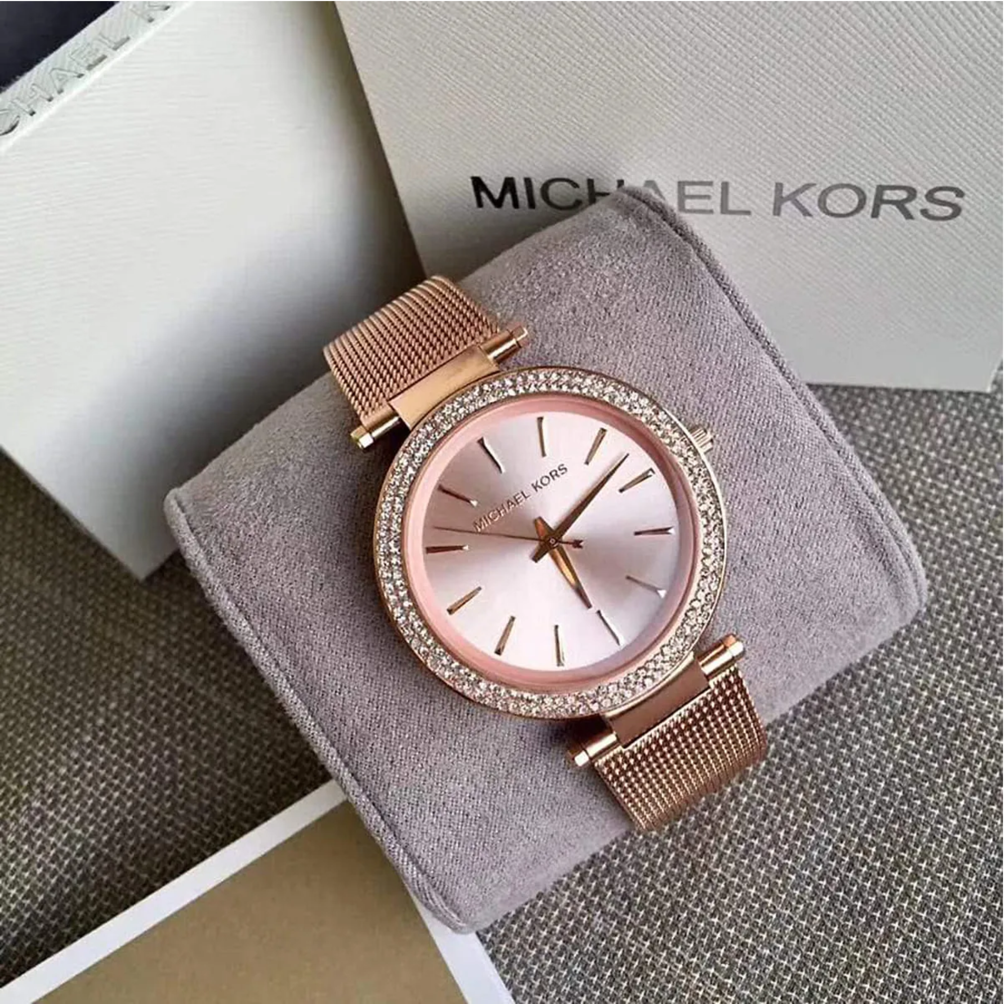 Michael Kors Darci MK3369 rose gold-tone pavé watch flat lay with packaging