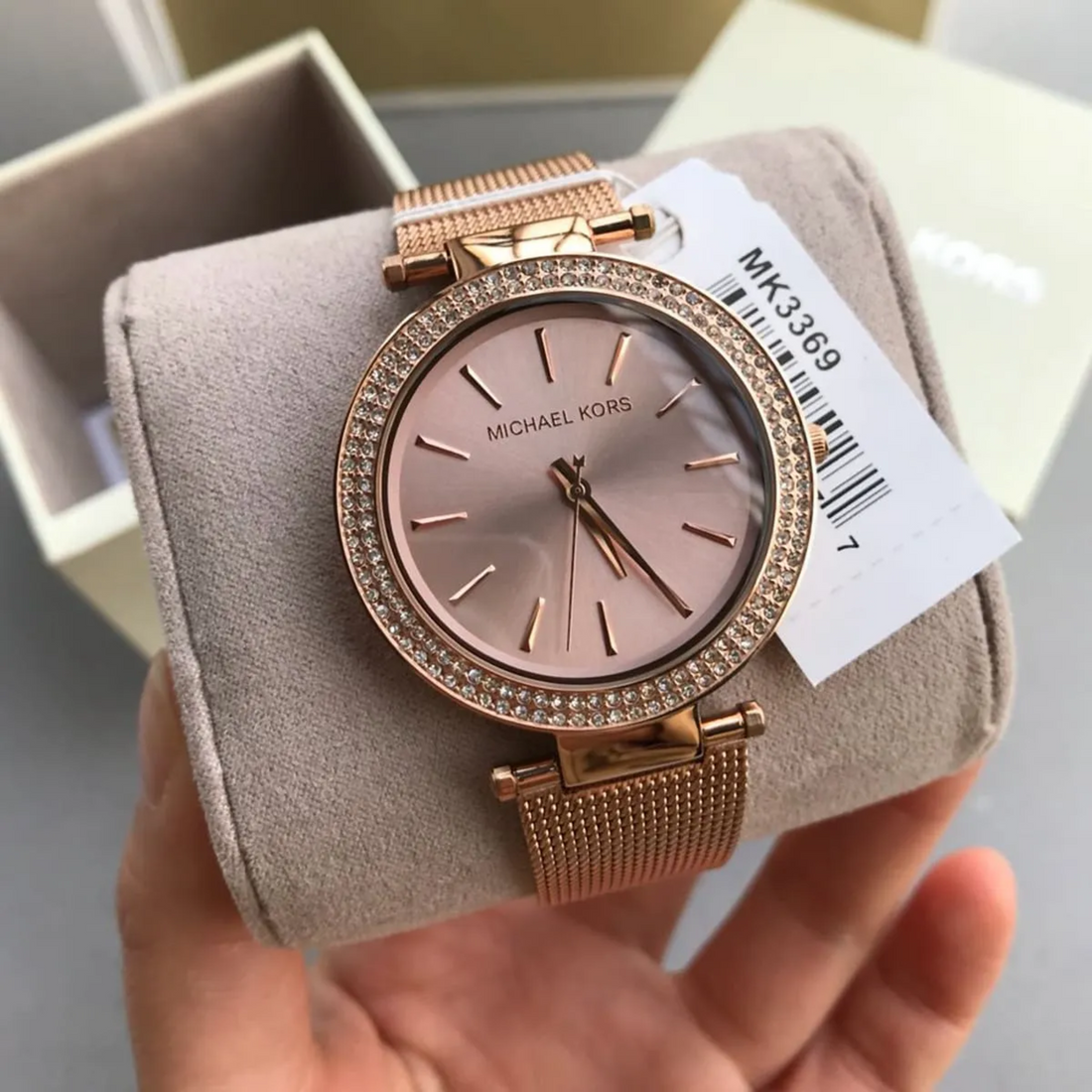 Michael Kors MK3369 women's rose gold-tone pavé watch with model tag