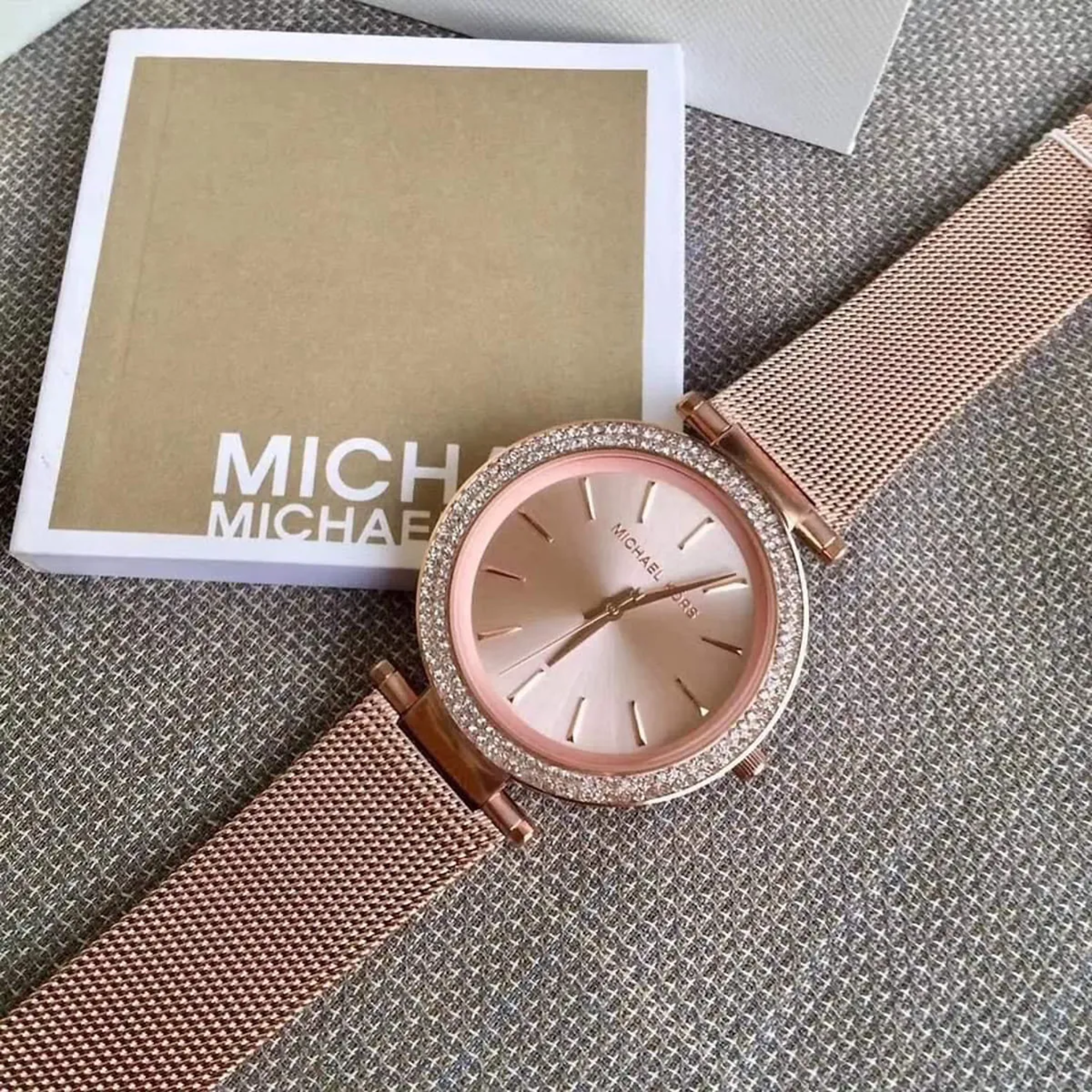 Michael Kors Darci MK3369 rose gold-tone watch displayed with branded packaging